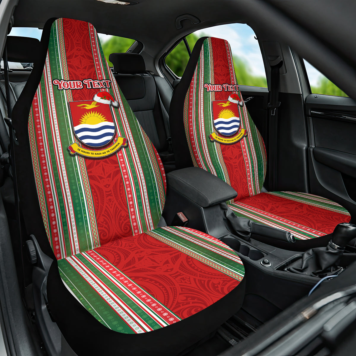 Custom Kiribati Christmas Car Seat Cover Santa With Gift Bag Behind Ribbons Seamless Red Maori LT03 One Size Red - Polynesian Pride