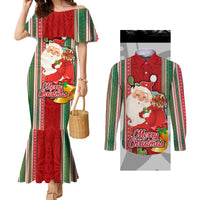 Custom Kiribati Christmas Couples Matching Mermaid Dress and Long Sleeve Button Shirts Santa With Gift Bag Behind Ribbons Seamless Red Maori LT03 Red - Polynesian Pride