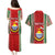 Custom Kiribati Christmas Couples Matching Puletasi Dress and Hawaiian Shirt Santa With Gift Bag Behind Ribbons Seamless Red Maori LT03 - Polynesian Pride