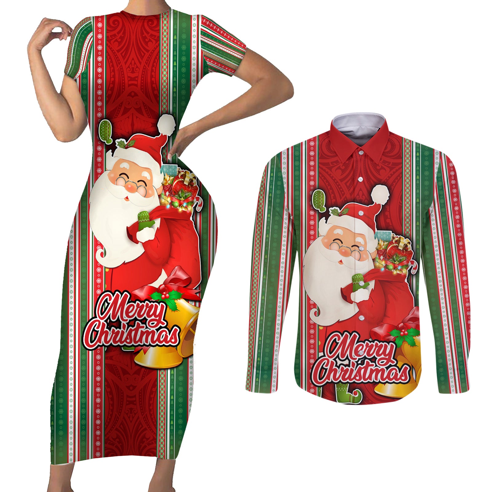 Custom Kiribati Christmas Couples Matching Short Sleeve Bodycon Dress and Long Sleeve Button Shirts Santa With Gift Bag Behind Ribbons Seamless Red Maori LT03 Red - Polynesian Pride