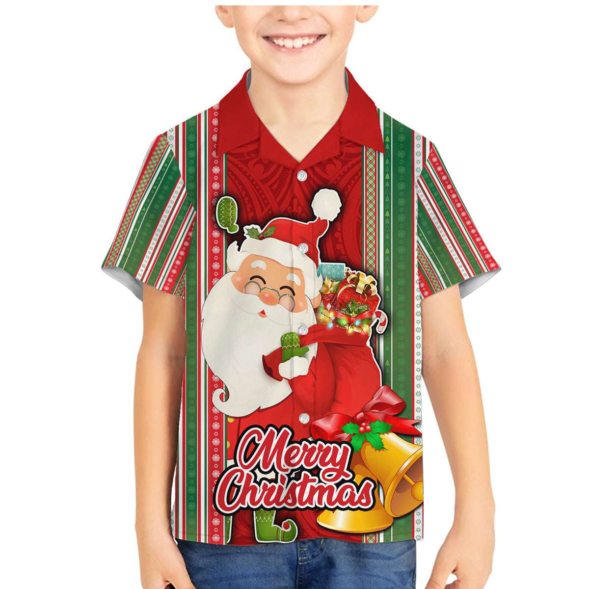 Custom Kiribati Christmas Family Matching Mermaid Dress and Hawaiian Shirt Santa With Gift Bag Behind Ribbons Seamless Red Maori LT03 Son's Shirt Red - Polynesian Pride