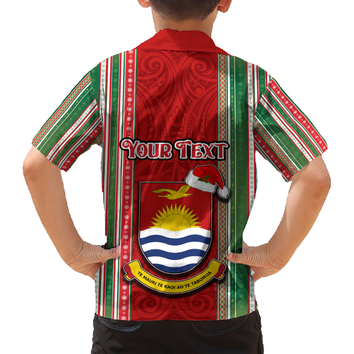 Custom Kiribati Christmas Kid Hawaiian Shirt Santa With Gift Bag Behind Ribbons Seamless Red Maori LT03 - Polynesian Pride