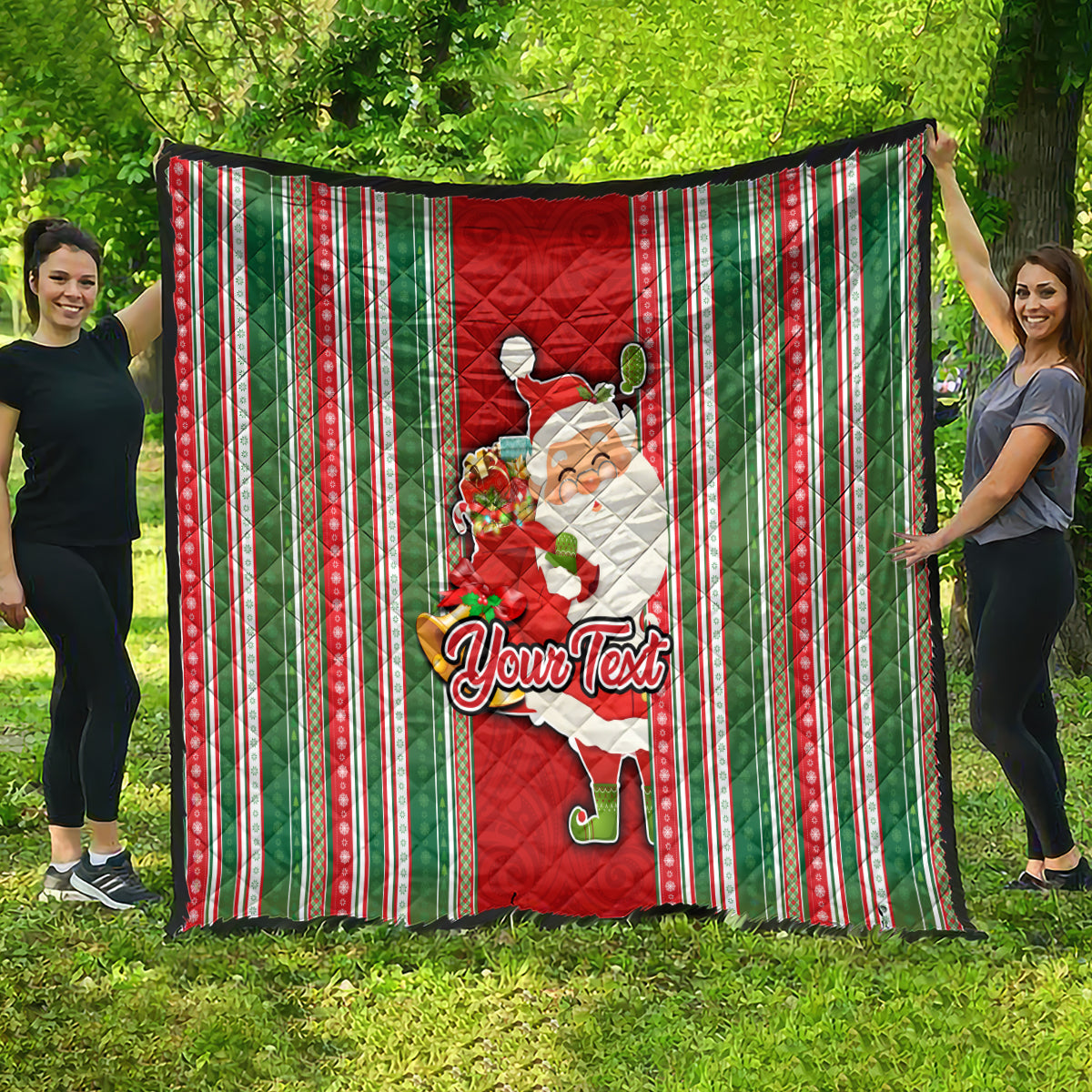 Custom Kiribati Christmas Quilt Santa With Gift Bag Behind Ribbons Seamless Red Maori LT03 - Polynesian Pride
