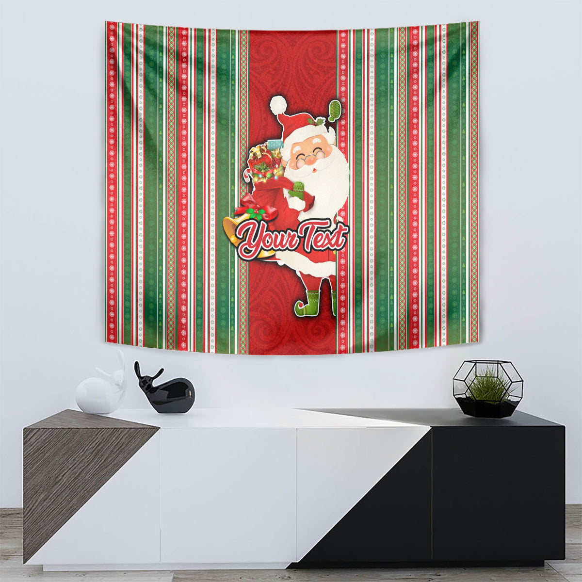 Custom Kiribati Christmas Tapestry Santa With Gift Bag Behind Ribbons Seamless Red Maori LT03 - Polynesian Pride