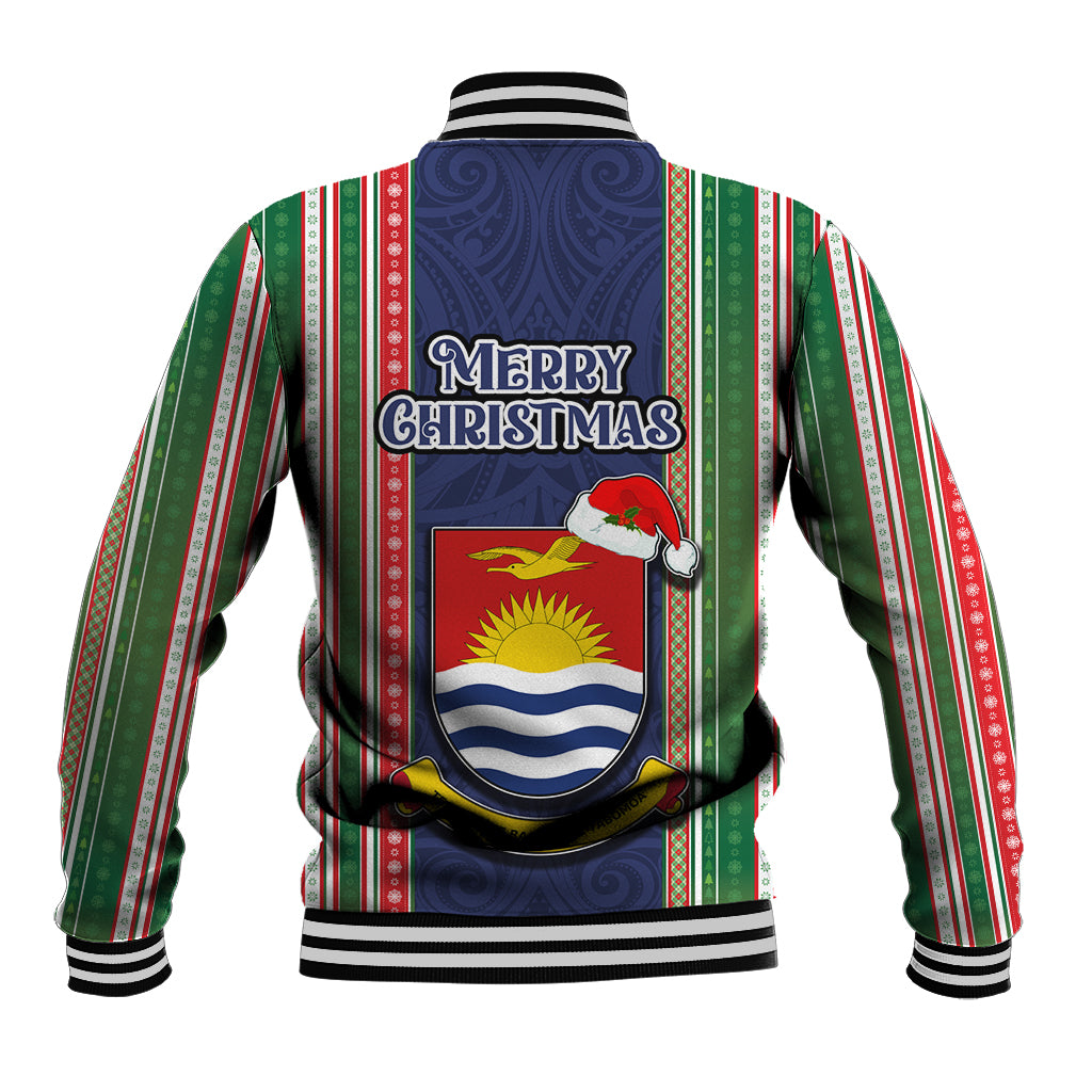 Kiribati Christmas Baseball Jacket Santa With Gift Bag Behind Ribbons Seamless Blue Maori LT03 - Polynesian Pride