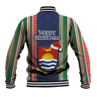 Kiribati Christmas Baseball Jacket Santa With Gift Bag Behind Ribbons Seamless Blue Maori LT03 - Polynesian Pride