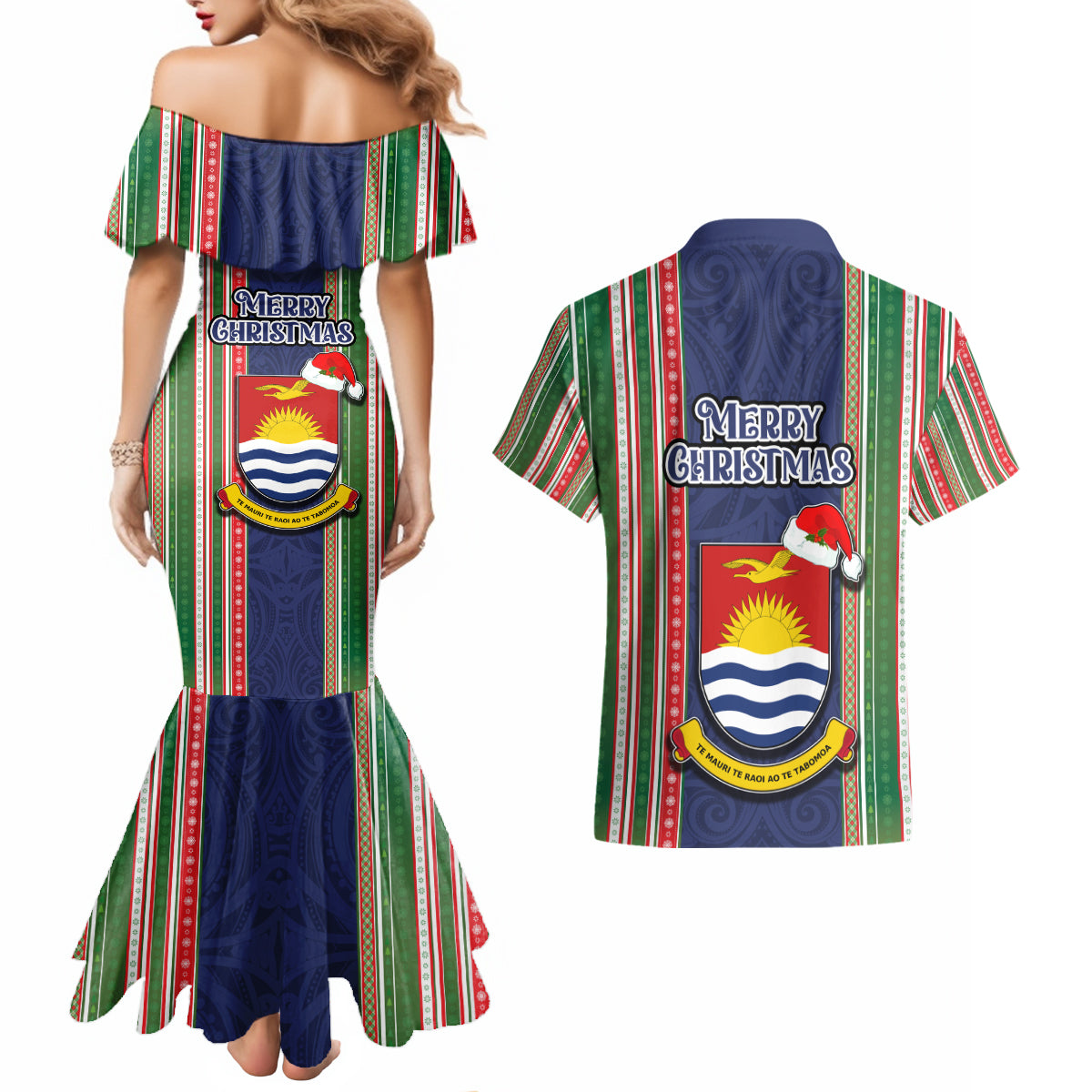 Kiribati Christmas Couples Matching Mermaid Dress and Hawaiian Shirt Santa With Gift Bag Behind Ribbons Seamless Blue Maori LT03 - Polynesian Pride