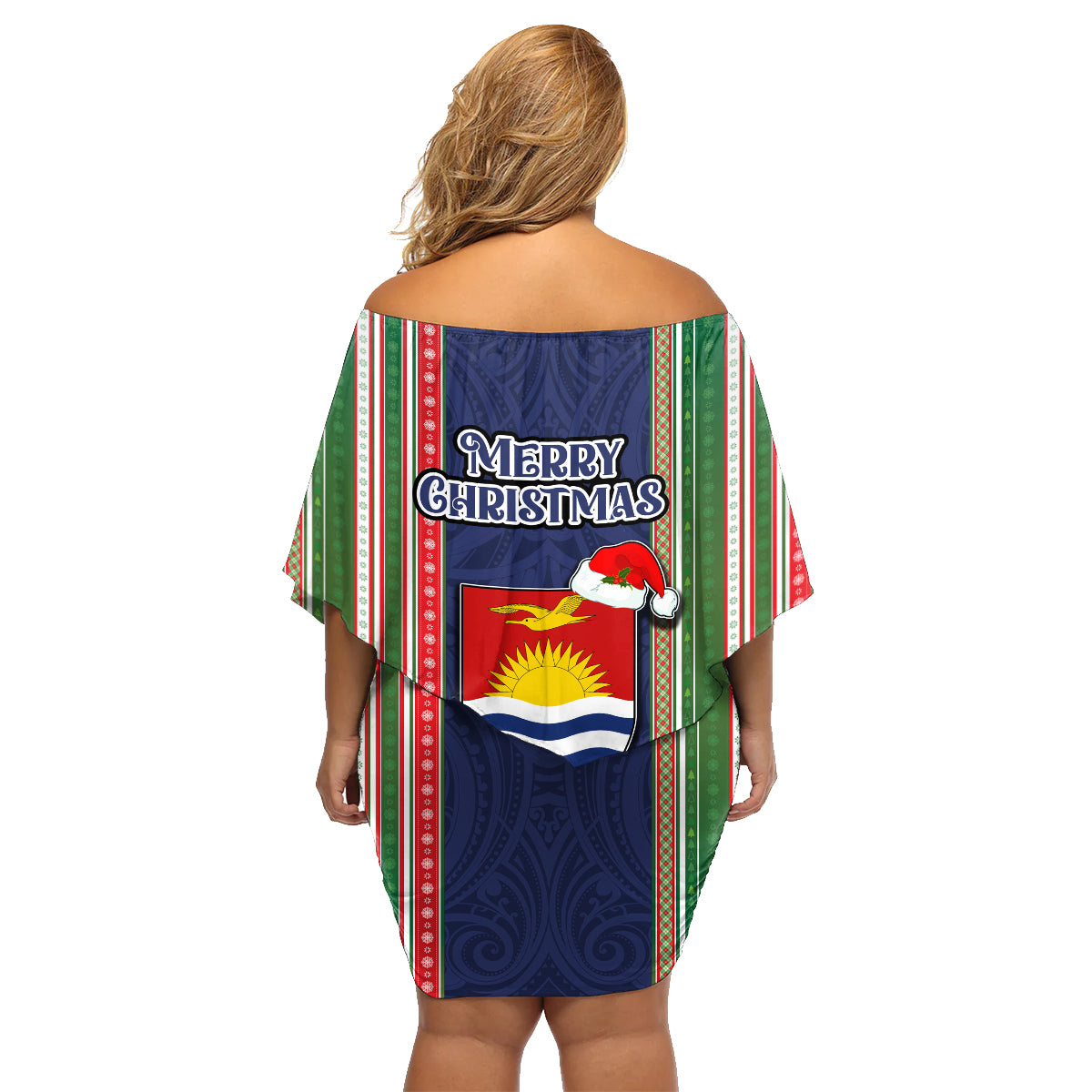 Kiribati Christmas Family Matching Off Shoulder Short Dress and Hawaiian Shirt Santa With Gift Bag Behind Ribbons Seamless Blue Maori LT03 - Polynesian Pride
