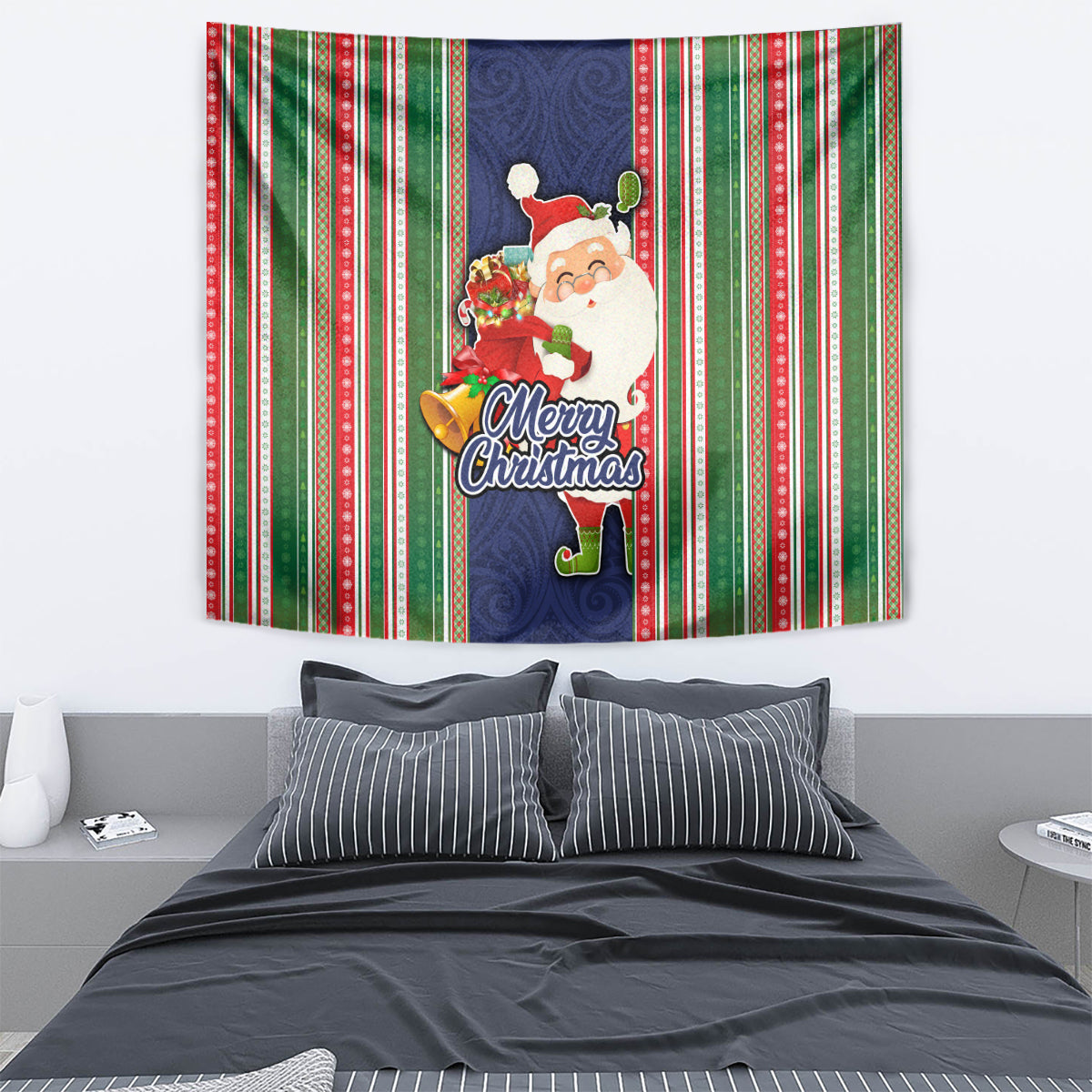 Kiribati Christmas Tapestry Santa With Gift Bag Behind Ribbons Seamless Blue Maori LT03 - Polynesian Pride
