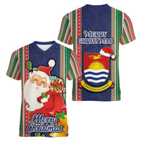 Kiribati Christmas Women V Neck T Shirt Santa With Gift Bag Behind Ribbons Seamless Blue Maori LT03 - Polynesian Pride