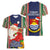 Kiribati Christmas Women V Neck T Shirt Santa With Gift Bag Behind Ribbons Seamless Blue Maori LT03 - Polynesian Pride