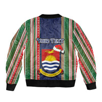 Custom Kiribati Christmas Bomber Jacket Santa With Gift Bag Behind Ribbons Seamless Blue Maori LT03 - Polynesian Pride