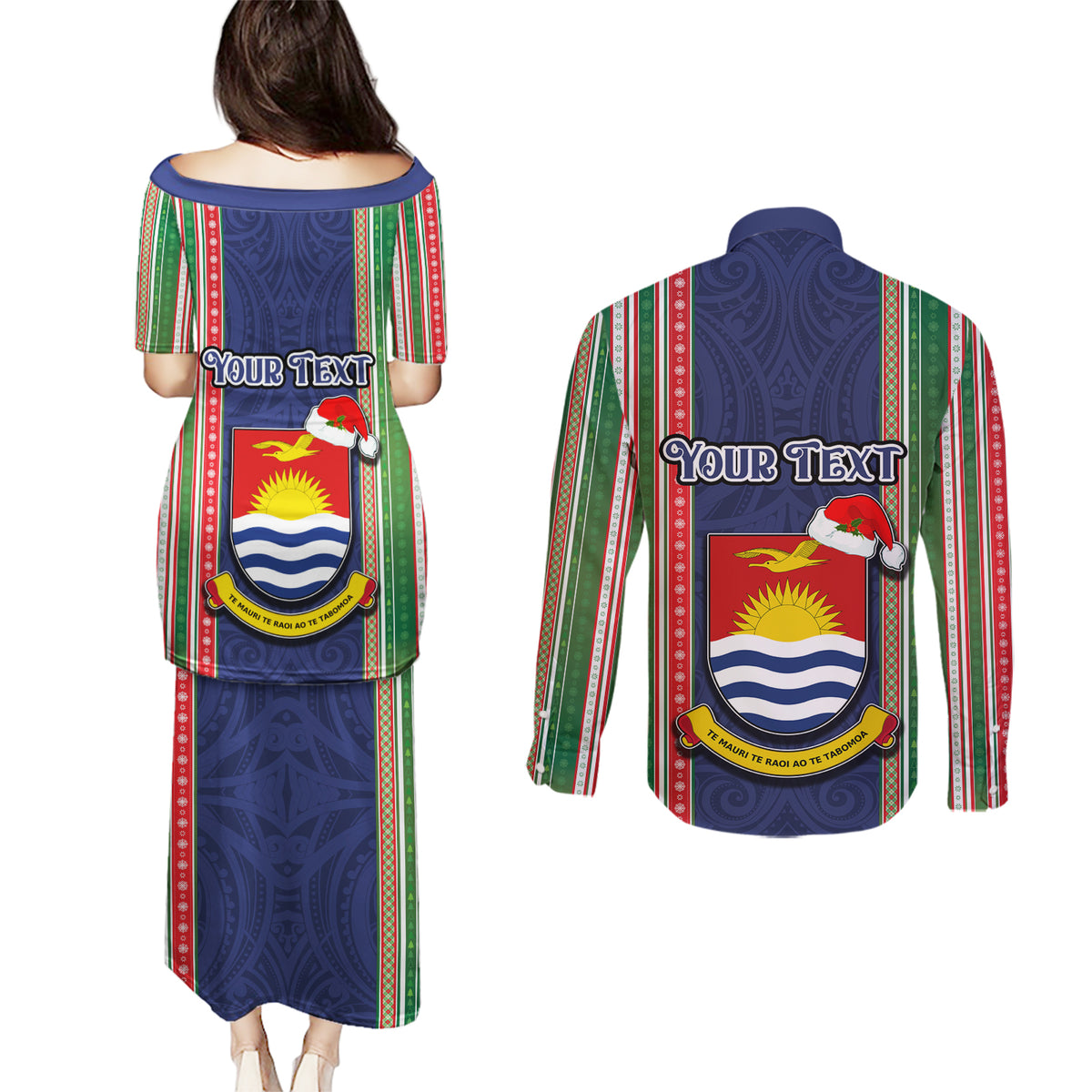 Custom Kiribati Christmas Couples Matching Puletasi Dress and Long Sleeve Button Shirts Santa With Gift Bag Behind Ribbons Seamless Blue Maori LT03 - Polynesian Pride