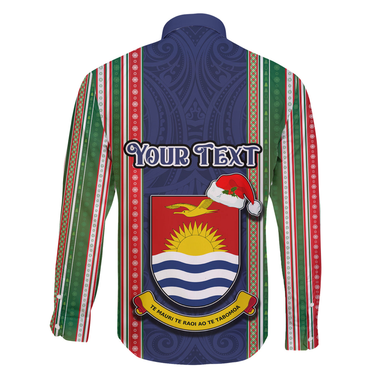 Custom Kiribati Christmas Family Matching Off Shoulder Maxi Dress and Hawaiian Shirt Santa With Gift Bag Behind Ribbons Seamless Blue Maori LT03 - Polynesian Pride