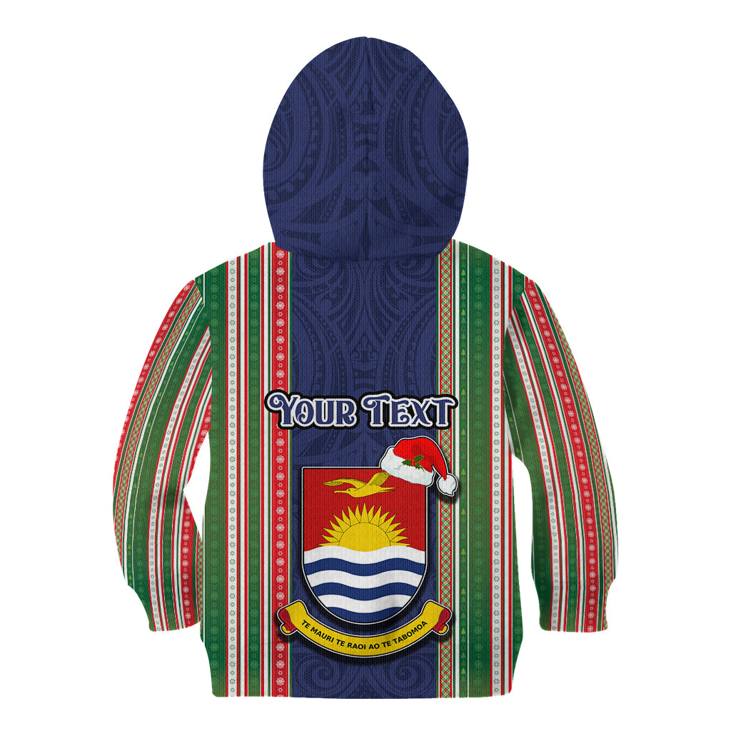Custom Kiribati Christmas Kid Hoodie Santa With Gift Bag Behind Ribbons Seamless Blue Maori LT03 - Polynesian Pride