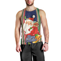 Custom Kiribati Christmas Men Tank Top Santa With Gift Bag Behind Ribbons Seamless Blue Maori LT03 - Polynesian Pride
