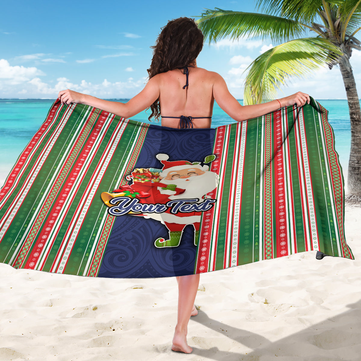 Custom Kiribati Christmas Sarong Santa With Gift Bag Behind Ribbons Seamless Blue Maori LT03 - Polynesian Pride