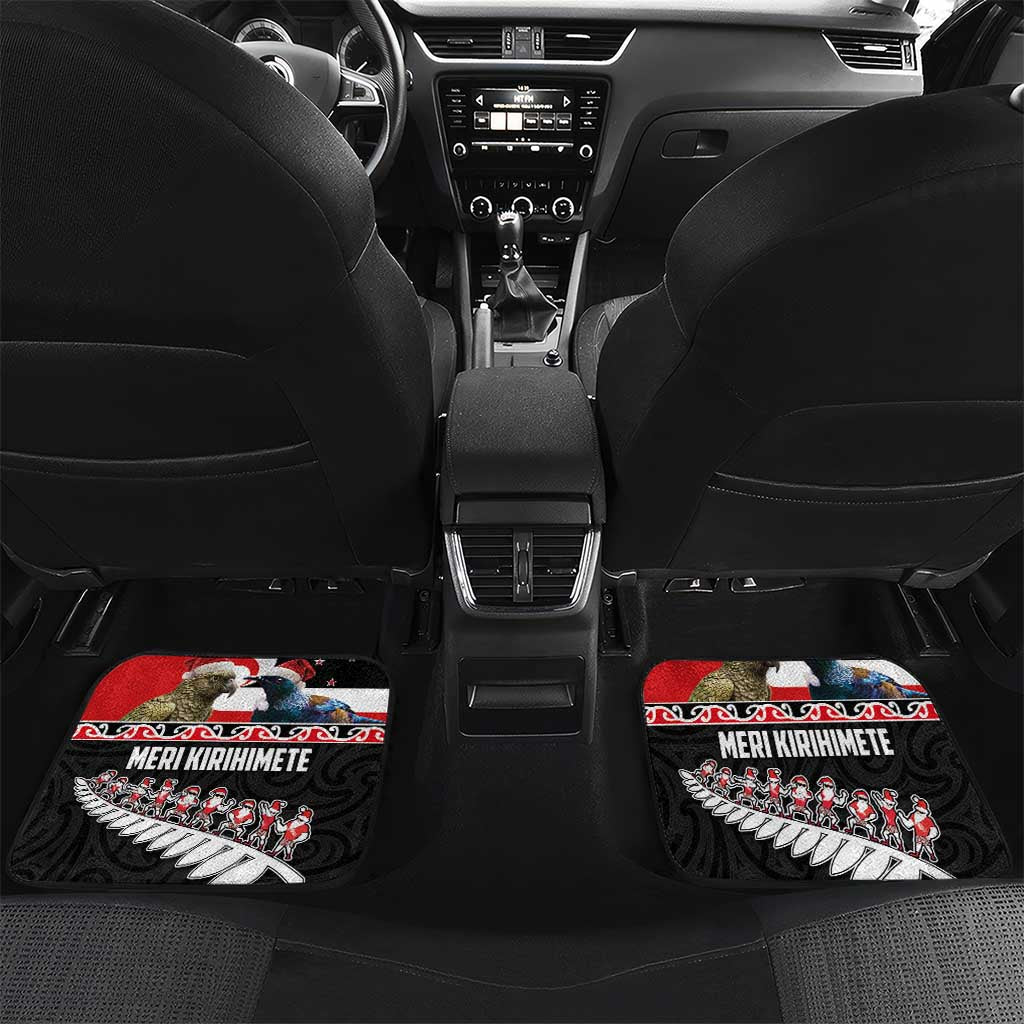 New Zealand Meri Kirihimete Car Mats Christmas Tui Bird and Kea Bird - Haka Santa with Maori Koru Art Pattern