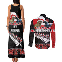 New Zealand Meri Kirihimete Couples Matching Tank Maxi Dress and Long Sleeve Button Shirt Christmas Tui Bird and Kea Bird - Haka Santa with Maori Koru Art Pattern