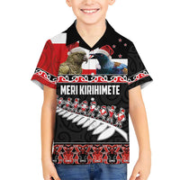 New Zealand Meri Kirihimete Family Matching Short Sleeve Bodycon Dress and Hawaiian Shirt Christmas Tui Bird and Kea Bird - Haka Santa with Maori Koru Art Pattern