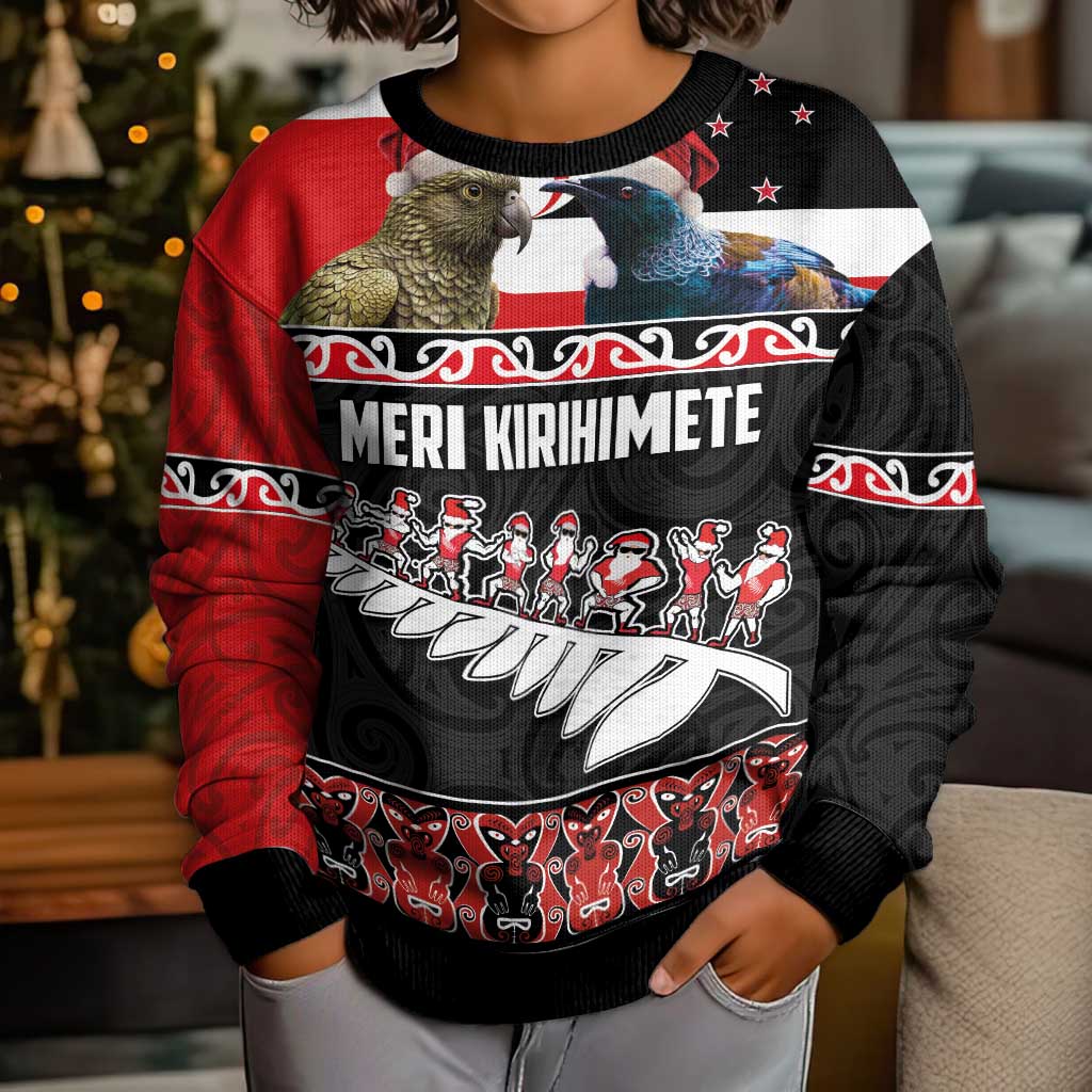 New Zealand Meri Kirihimete Kid Ugly Christmas Sweater Christmas Tui Bird and Kea Bird - Haka Santa with Maori Koru Art Pattern