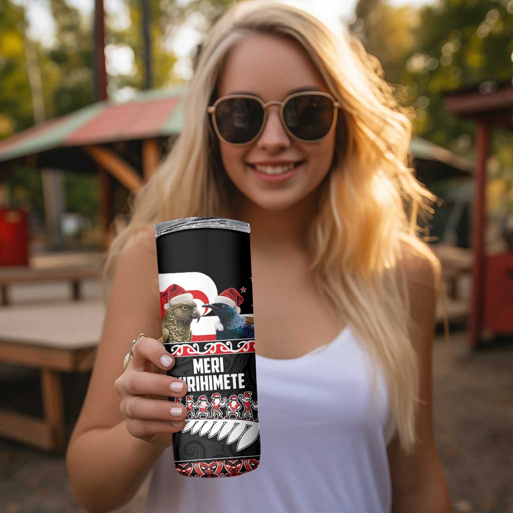 New Zealand Meri Kirihimete Skinny Tumbler Christmas Tui Bird and Kea Bird - Haka Santa with Maori Koru Art Pattern