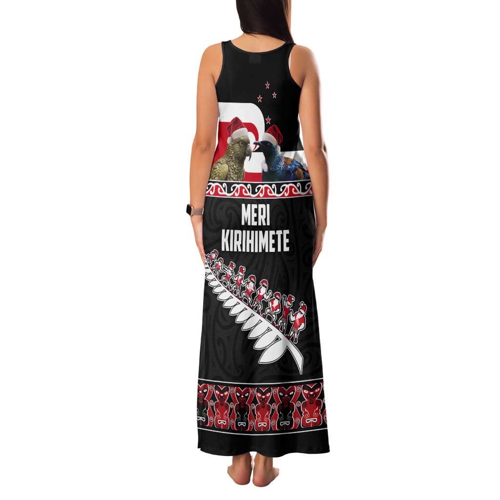 New Zealand Meri Kirihimete Tank Maxi Dress Christmas Tui Bird and Kea Bird - Haka Santa with Maori Koru Art Pattern