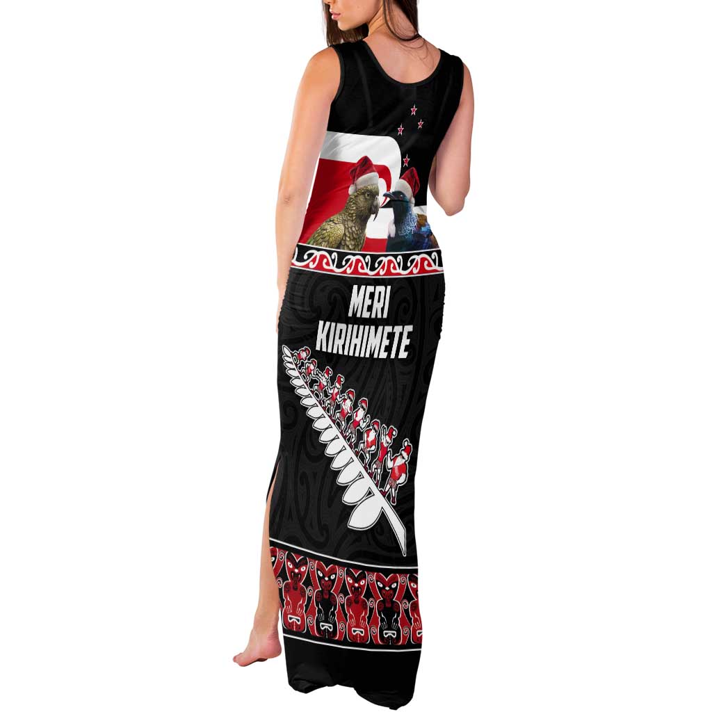 New Zealand Meri Kirihimete Tank Maxi Dress Christmas Tui Bird and Kea Bird - Haka Santa with Maori Koru Art Pattern