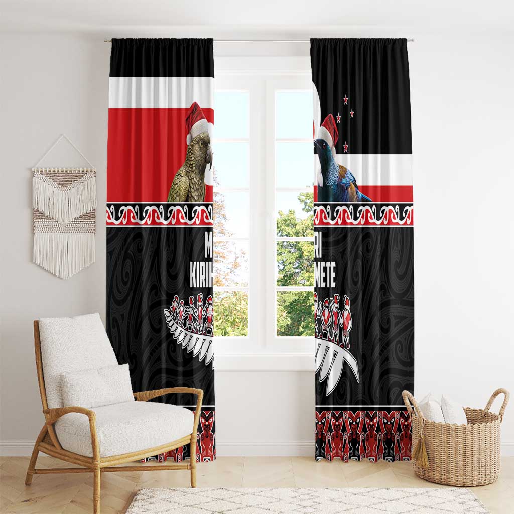 New Zealand Meri Kirihimete Window Curtain Christmas Tui Bird and Kea Bird - Haka Santa with Maori Koru Art Pattern