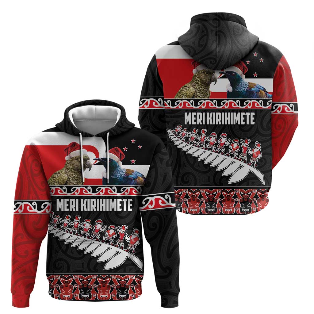 New Zealand Meri Kirihimete Zip Hoodie Christmas Tui Bird and Kea Bird - Haka Santa with Maori Koru Art Pattern