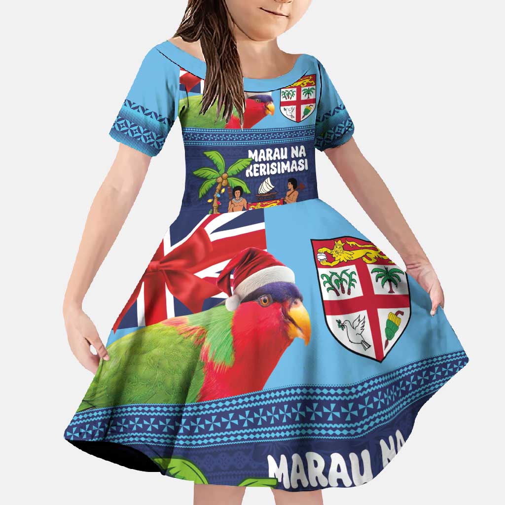 Fiji Marau na Kerisimasi Family Matching Mermaid Dress and Hawaiian Shirt Christmas Collared Lory - Fiji Emblems and Xmas Palm Tree Tapa Art Pattern LT03 Daughter's Dress Blue - Polynesian Pride