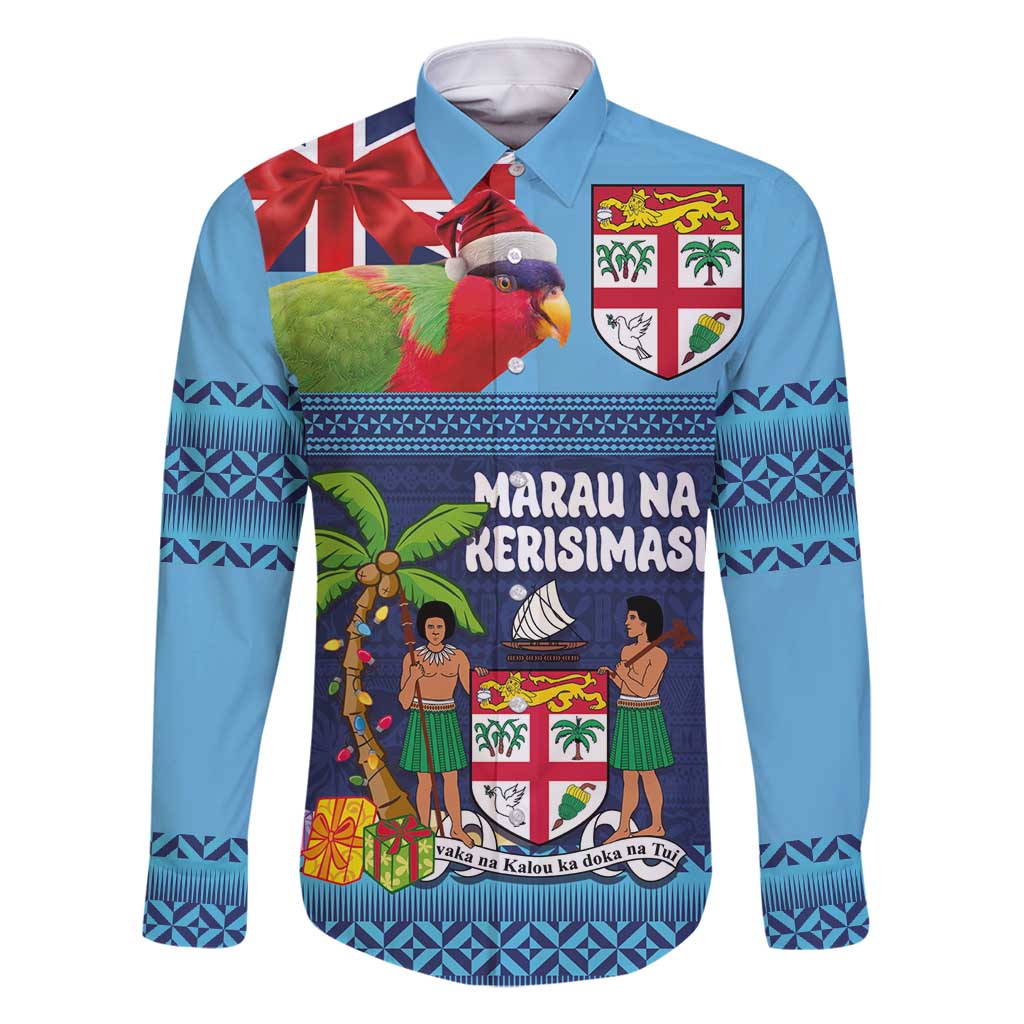 Fiji Marau na Kerisimasi Family Matching Mermaid Dress and Hawaiian Shirt Christmas Collared Lory - Fiji Emblems and Xmas Palm Tree Tapa Art Pattern LT03 Dad's Shirt - Long Sleeve Blue - Polynesian Pride