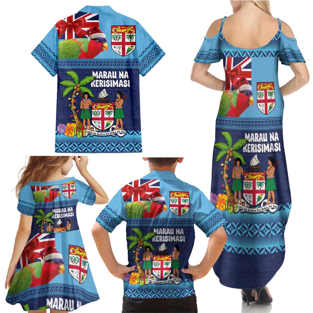 Fiji Marau na Kerisimasi Family Matching Summer Maxi Dress and Hawaiian Shirt Christmas Collared Lory - Fiji Emblems and Xmas Palm Tree Tapa Art Pattern