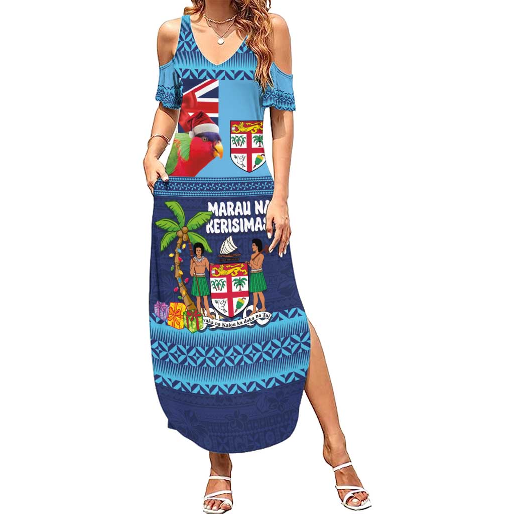 Fiji Marau na Kerisimasi Family Matching Summer Maxi Dress and Hawaiian Shirt Christmas Collared Lory - Fiji Emblems and Xmas Palm Tree Tapa Art Pattern