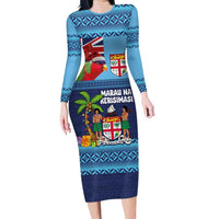 Fiji Marau na Kerisimasi Long Sleeve Bodycon Dress Christmas Collared Lory - Fiji Emblems and Xmas Palm Tree Tapa Art Pattern