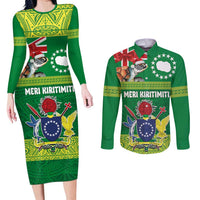 Cook Islands Meri Kiritimiti Couples Matching Long Sleeve Bodycon Dress and Long Sleeve Button Shirt Christmas Turtle - Cooks Islands Emblems and Polynesian Art Pattern