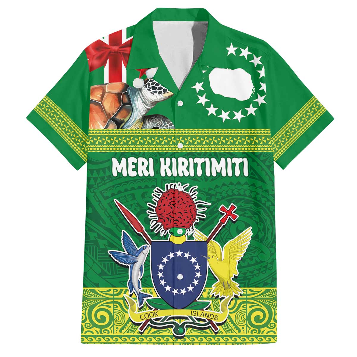 Cook Islands Meri Kiritimiti Family Matching Off The Shoulder Long Sleeve Dress and Hawaiian Shirt Christmas Turtle - Cooks Islands Emblems and Polynesian Art Pattern LT03 Dad's Shirt - Short Sleeve Green - Polynesian Pride