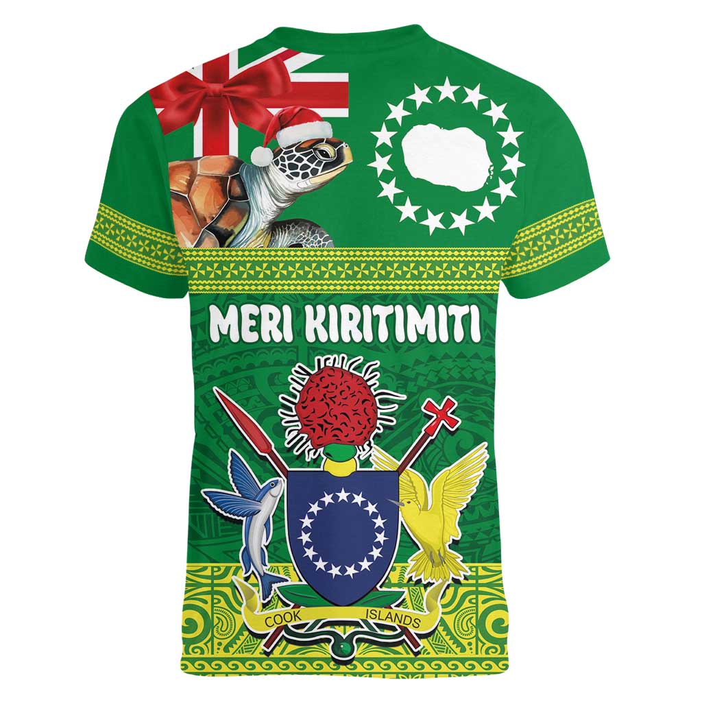 Cook Islands Meri Kiritimiti Women V-Neck T-Shirt Christmas Turtle - Cooks Islands Emblems and Polynesian Art Pattern
