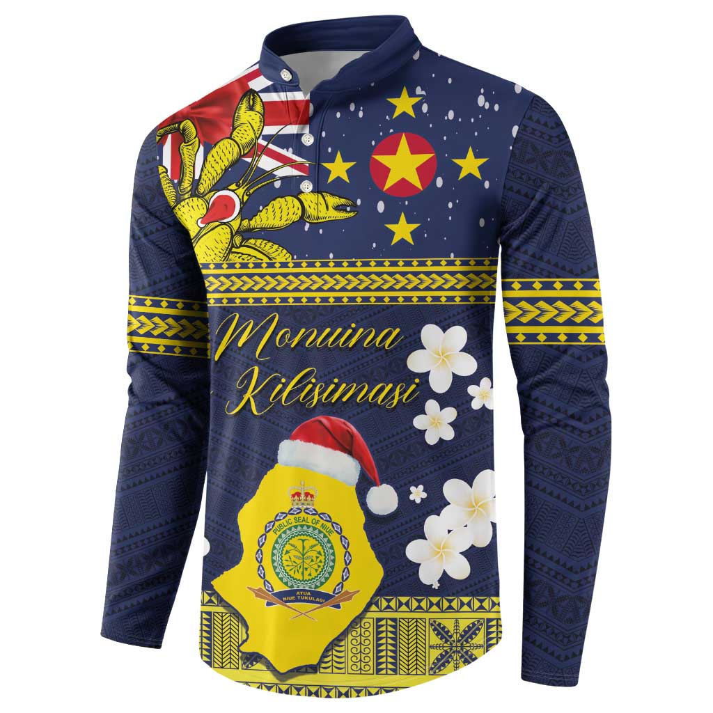 Niue Monuina e Kilisimasi Button Sweatshirt Christmas Uga - Niue Map and Emblem with Hiapo Art Pattern