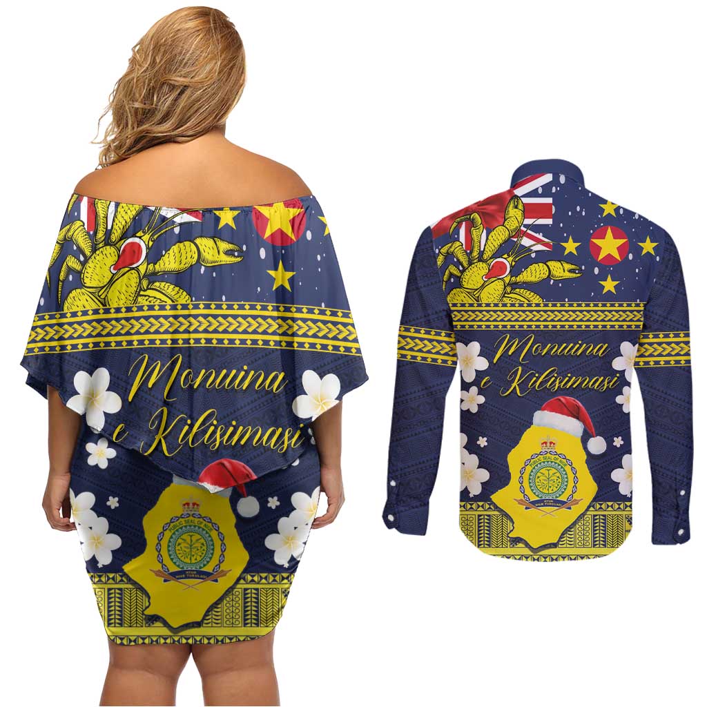 Niue Monuina e Kilisimasi Couples Matching Off Shoulder Short Dress and Long Sleeve Button Shirt Christmas Uga - Niue Map and Emblem with Hiapo Art Pattern