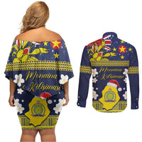 Niue Monuina e Kilisimasi Couples Matching Off Shoulder Short Dress and Long Sleeve Button Shirt Christmas Uga - Niue Map and Emblem with Hiapo Art Pattern