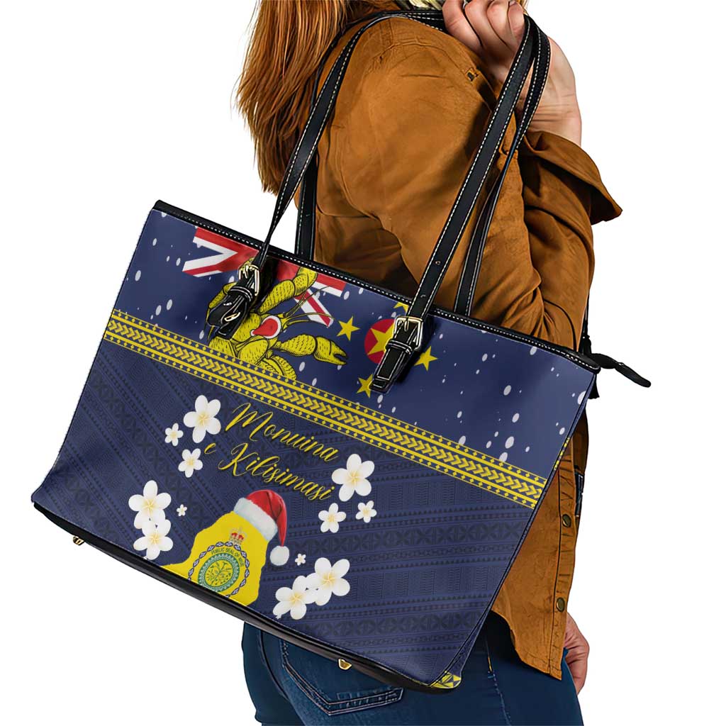 Niue Monuina e Kilisimasi Leather Tote Bag Christmas Uga - Niue Map and Emblem with Hiapo Art Pattern