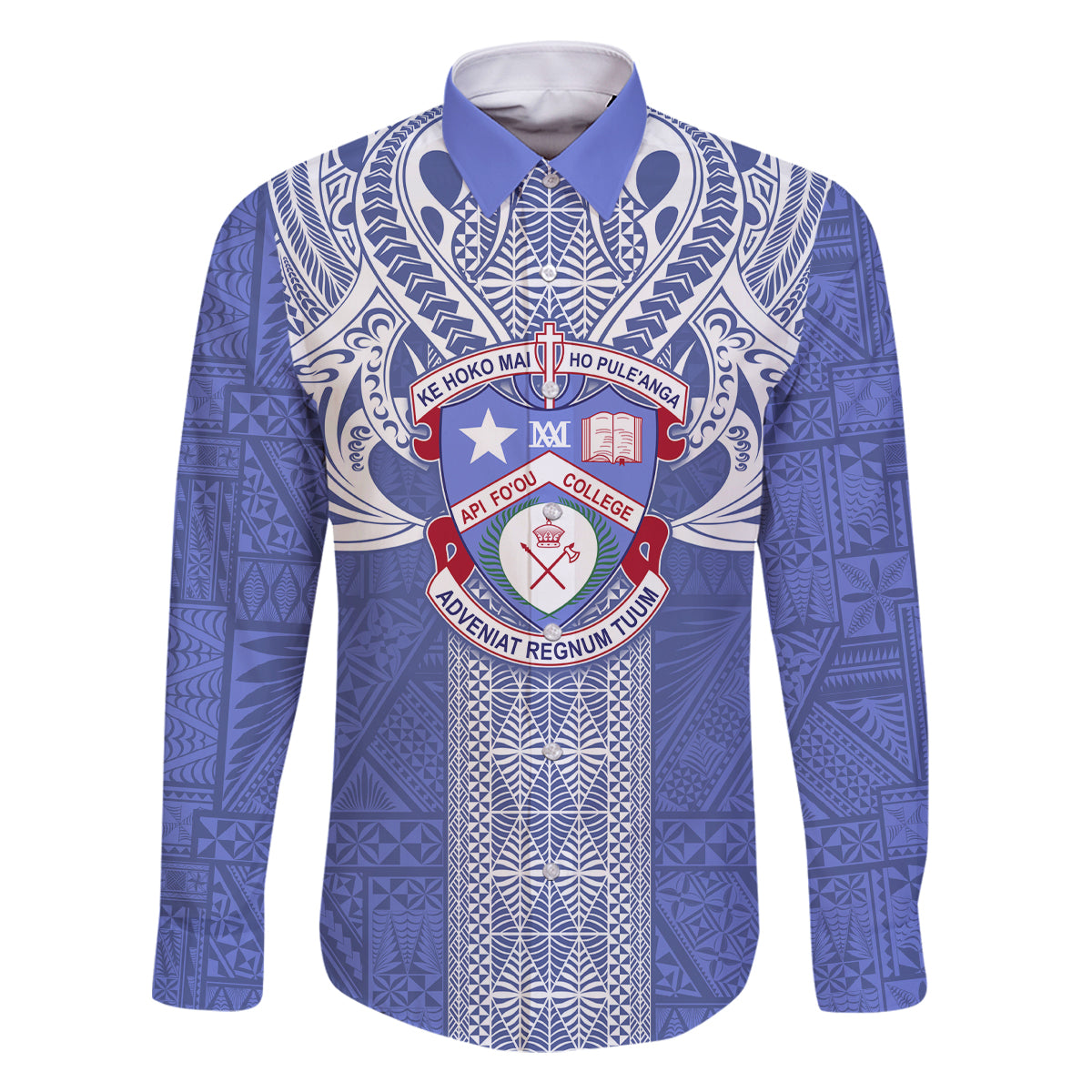 Tonga Apifoou School Family Matching Off Shoulder Long Sleeve Dress and Hawaiian Shirt Ngatu and Polynesian Pattern LT03 Dad's Shirt - Long Sleeve Blue - Polynesian Pride