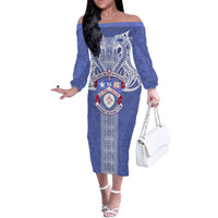 Tonga Apifoou School Family Matching Off Shoulder Long Sleeve Dress and Hawaiian Shirt Ngatu and Polynesian Pattern LT03 Mom's Dress Blue - Polynesian Pride