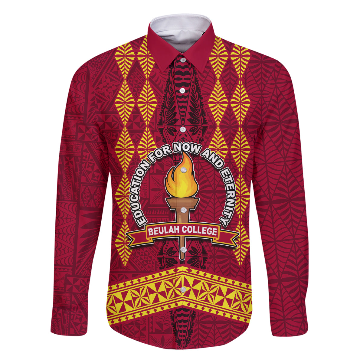 Tonga Beulah College Family Matching Off Shoulder Short Dress and Hawaiian Shirt Ngatu and Polynesian Pattern LT03 Dad's Shirt - Long Sleeve Red - Polynesian Pride