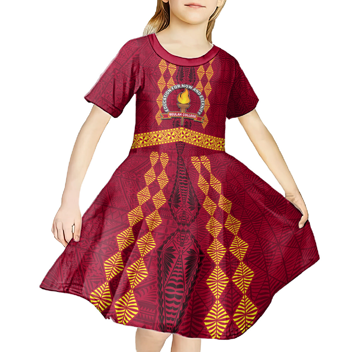 Tonga Beulah College Kid Short Sleeve Dress Ngatu and Polynesian Pattern LT03 - Polynesian Pride