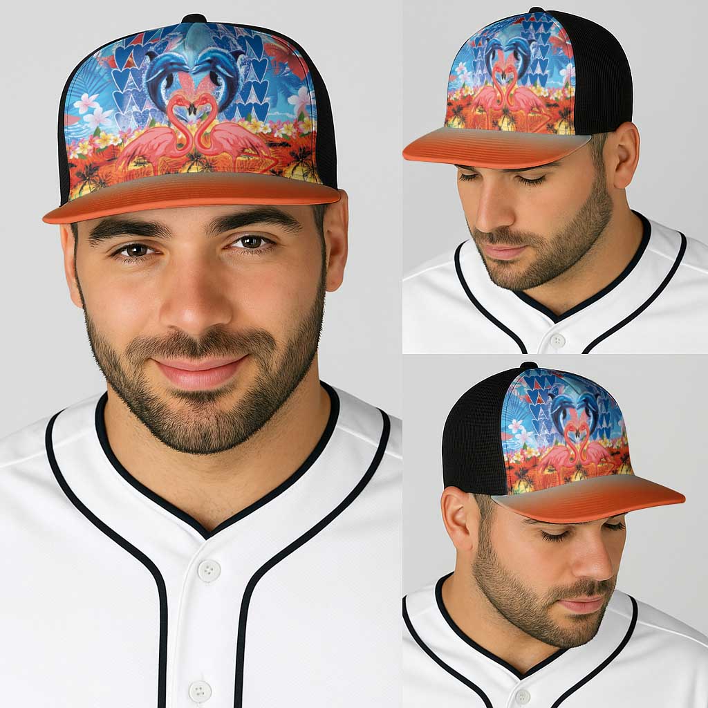 Hawaiian Love-Couple Dolphins and Flamingos Baseball Net Cap - Polynesian Pride