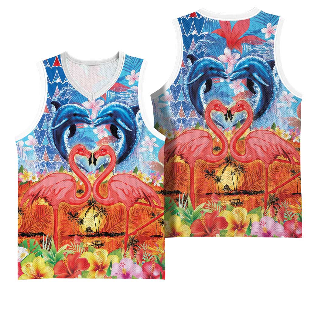 Hawaiian Love-Couple Dolphins and Flamingos Basketball Jersey - Polynesian Pride