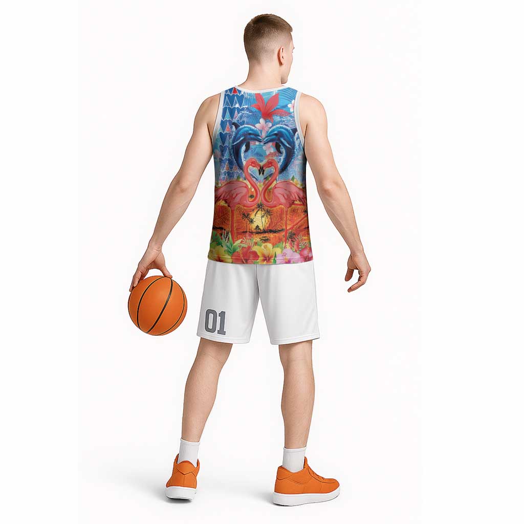 Hawaiian Love-Couple Dolphins and Flamingos Basketball Jersey - Polynesian Pride