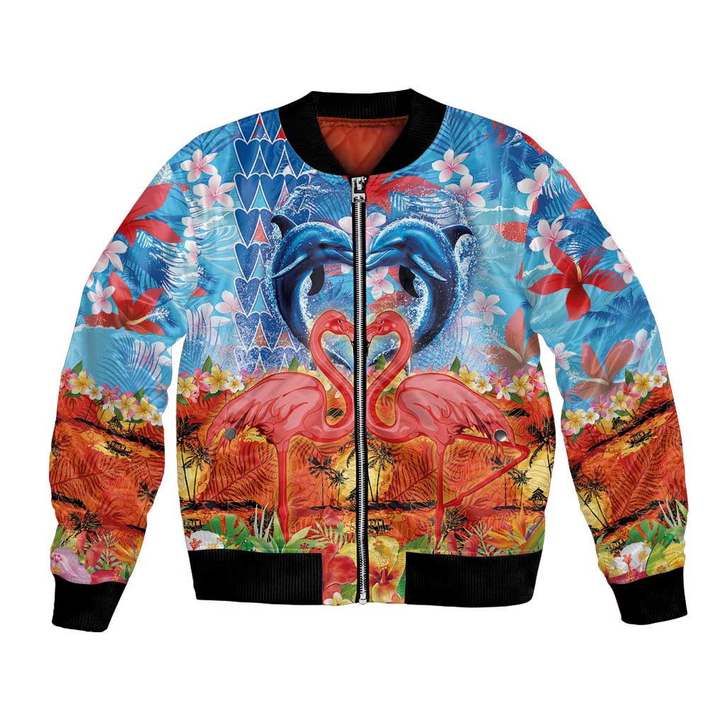 Hawaiian Love-Couple Dolphins and Flamingos Bomber Jacket - Polynesian Pride